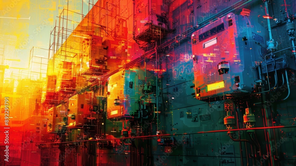 Obraz premium A vivid and artistic representation of an industrial scene bathed in a spectrum of vibrant colors, showcasing machinery and structural elements with a digital and futuristic twist.