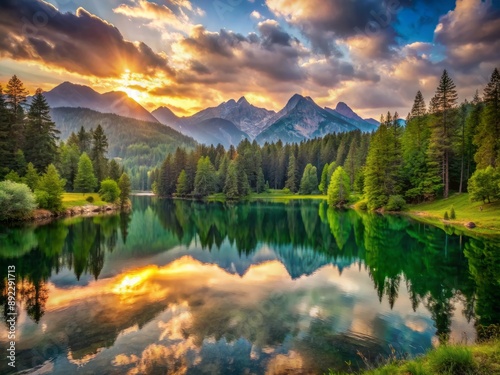 peaceful sunset over tranquil lake surrounded by lush green forest and majestic mountains, creating a sense of calm and isolated serenity in nature.