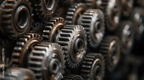 Close-up of interlocking metal gears, representing machinery, engineering, and precision.