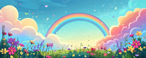 A radiant rainbow stretching across the sky above a field of wildflowers. Vector flat minimalistic isolated illustration.
