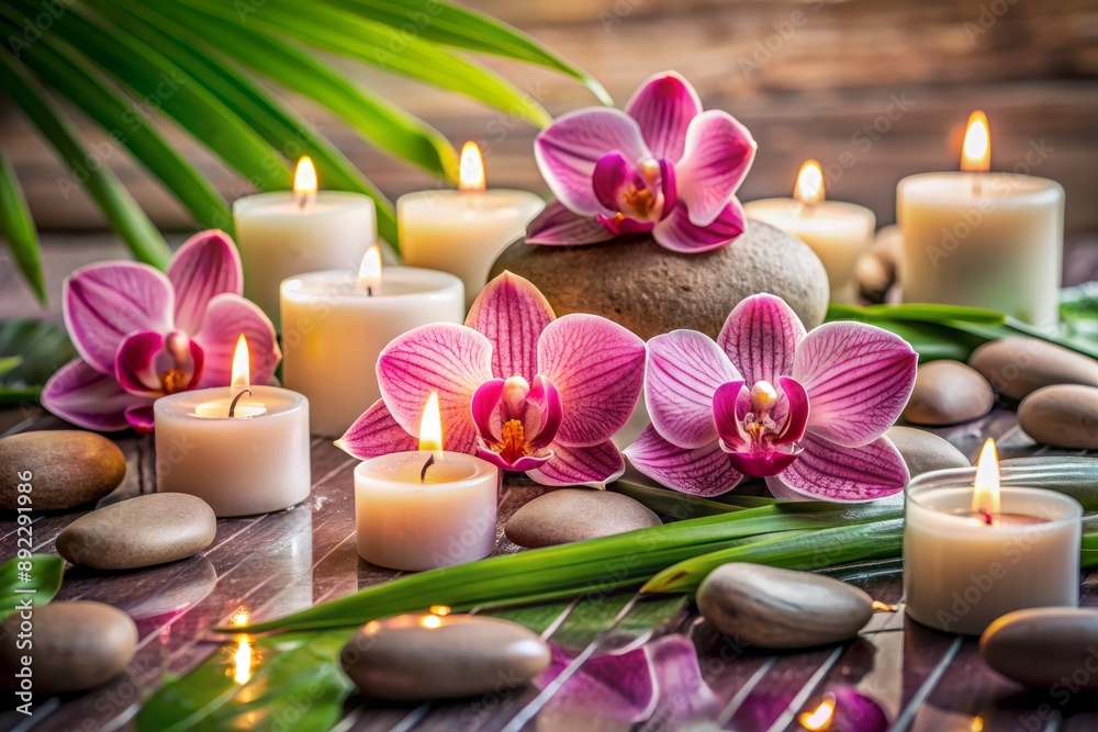 Serene pink spa background with exotic orchids, softly glowing candles, and polished sea stones, evoking a sense of relaxation and tranquility, perfect for wellness themes. Serene pink spa background with exotic orchids, softly glowing candles, and polished sea stones, evoking a sense of relaxation and tranquility, perfect for wellness themes.