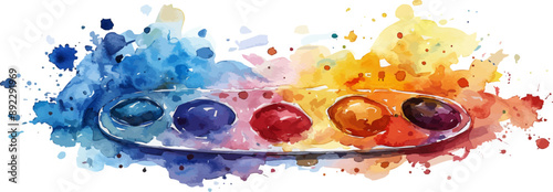 A palette of watercolor paints, its hues blending into a symphony of colors, symbolizing creativity and expression, depicted on a plain white surface. Vector flat minimalistic isolated illustration.