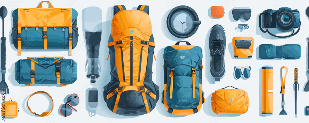 Outdoor equipment and adventure gear on a clean white surface. Vector flat isolated illustration. Outdoor equipment and adventure gear on a clean white surface. Vector flat isolated illustration.