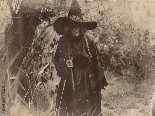 Vintage Sepia-Toned Portrait of an Elderly Witch in a Tall Pointed Hat, Distressed Texture, Eerie Historical Atmosphere, Rustic Wooden Background photo