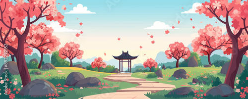 Serene Japanese garden with cherry blossoms Vector flat minimalistic isolated illustration