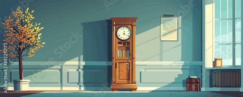 A classic grandfather clock ticking away the hours in a quiet room. Vector flat minimalistic isolated illustration.