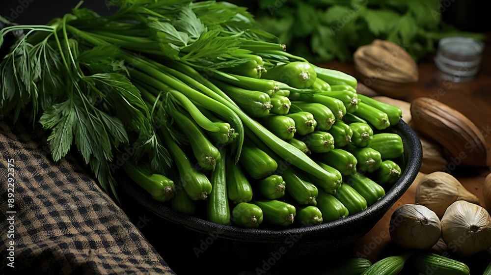 A bunch of fresh organic harvested green lady finger or okra vegetable close up top view A bunch of fresh organic harvested green lady finger or okra vegetable close up top view
