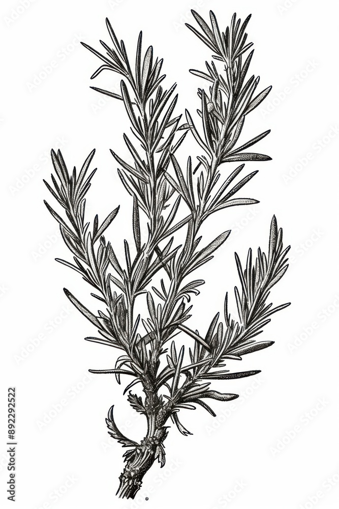 Fototapeta premium Black and white Vintage engraved art of a rosemary sprig isolated on white background, ink sketch illustration, simple vector art design, highly detailed line art, high contrasty 