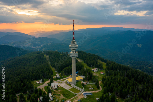 Pamporovo, Bulgaria 24/7/2020 Drone photo of Snejanka peak during sunset
 photo