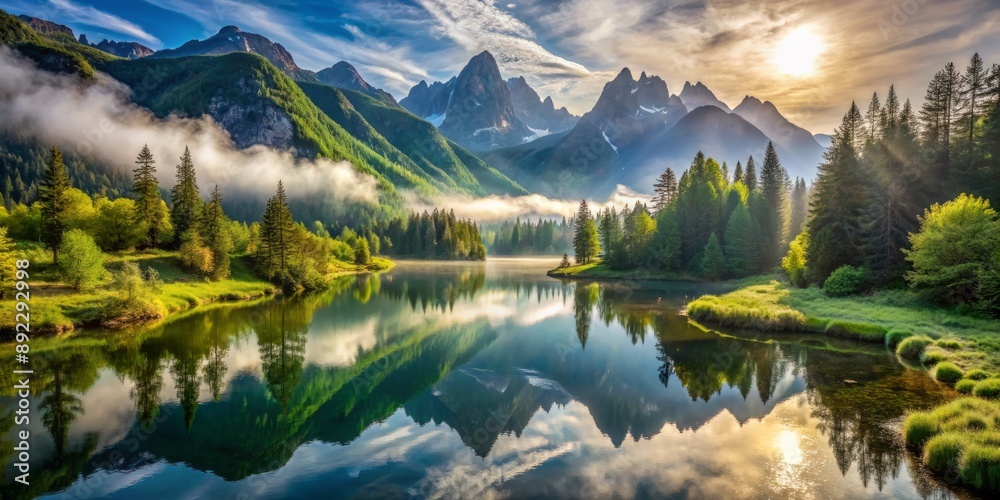 Naklejka premium Majestic valley surrounded by towering mountains, with serene lake reflecting majestic peak, lush green forest, and meandering river, amidst breathtaking morning mist and sunlight.