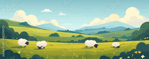 A serene countryside farm with rolling fields and grazing sheep. Vector flat minimalistic isolated illustration.