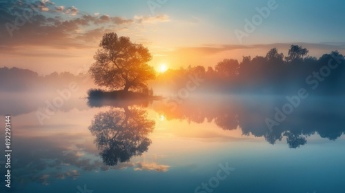 A misty morning over a tranquil lake with a reflection of the rising sun.