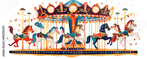 Whimsical carousel with ornate horses and music Vector flat minimalistic isolated illustration