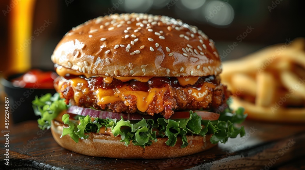 Juicy Cheeseburger with Sesame Seed Bun and Crispy Fries Juicy Cheeseburger with Sesame Seed Bun and Crispy Fries