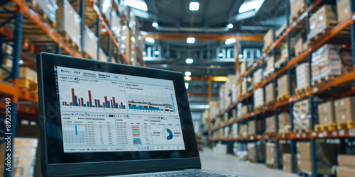 A laptop displaying warehouse inventory management data,