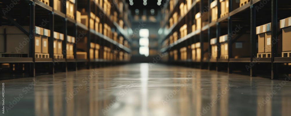 Fototapeta premium Empty warehouse with shelves and boxes, clean floor and bright lighting.