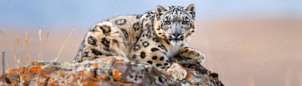 Fototapeta premium Snow leopard perched on rocky outcrop in a high-altitude environment, elusive predator, mountain wildlife, endangered species