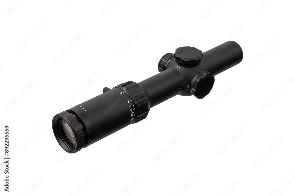 Modern sniper scope on a white back. Optical device for aiming and shooting at long distances. Modern sniper scope on a white back. Optical device for aiming and shooting at long distances.