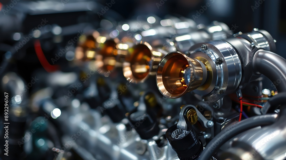 Fototapeta premium Close-up of shiny engine parts, showcasing intricate details and mechanical precision.