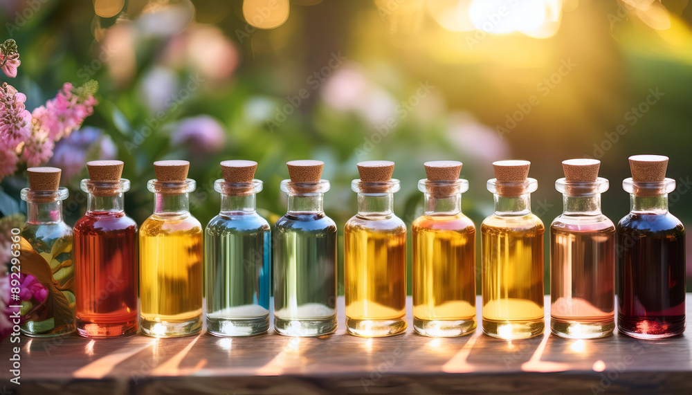Colorful Essential Oil Bottles on Wooden Surface in Summer Sunlight Colorful Essential Oil Bottles on Wooden Surface in Summer Sunlight