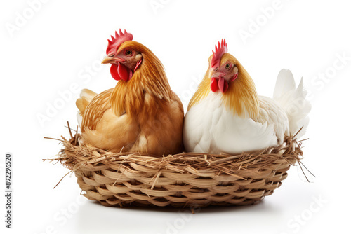 Two hens sitting on straw nest isolated on white background photo