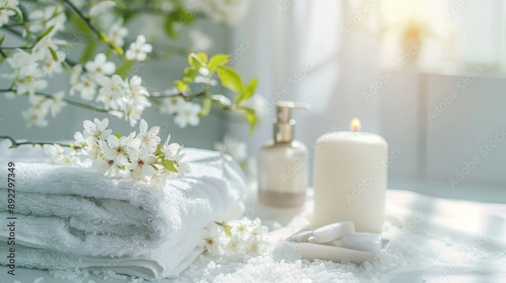 SPA background beauty treatment items for spa procedures on white wooden table. massage stones, essential oils and sea salt SPA background beauty treatment items for spa procedures on white wooden table. massage stones, essential oils and sea salt
