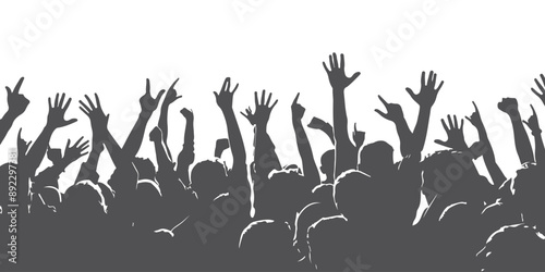 vector silhouette of a crowd of people watching a music concert in front of the stage with cheering and waving hands, suitable for poster, banner or advertising elements for concerts and parties