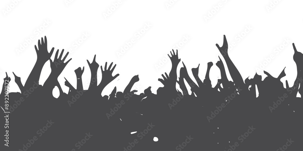 vector silhouette of a crowd of people watching a music concert in front of the stage with cheering and waving hands, suitable for poster, banner or advertising elements for concerts and parties vector silhouette of a crowd of people watching a music concert in front of the stage with cheering and waving hands, suitable for poster, banner or advertising elements for concerts and parties