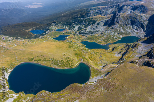 Aerial view of the Rila lakes during the summer