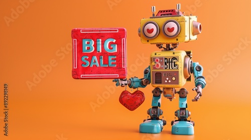 3d render cute robot holding a word icon 