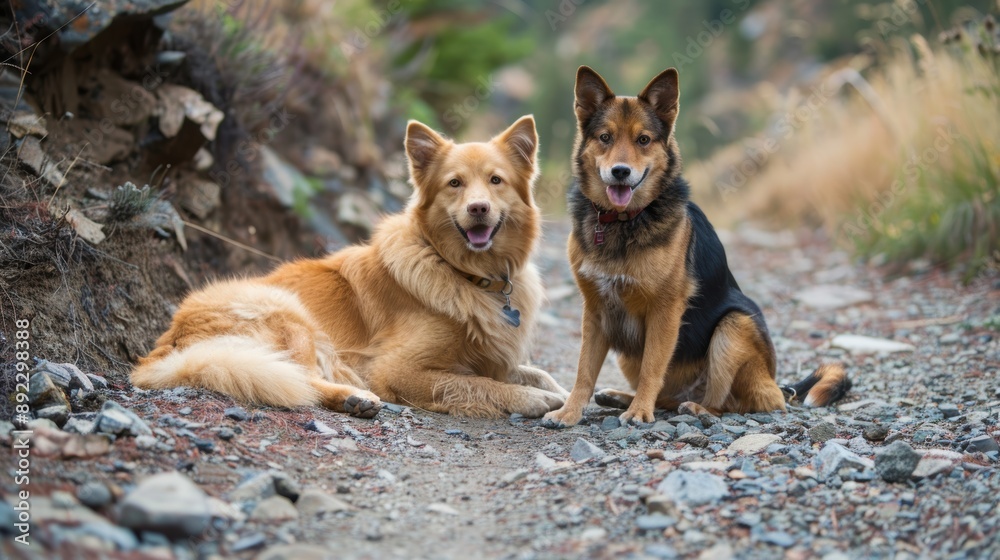 Furry Friends on an Adventure: Cat and Dog Posed for a Picture on a Scenic Hiking Trail Furry Friends on an Adventure: Cat and Dog Posed for a Picture on a Scenic Hiking Trail