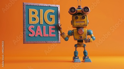 3d render cute robot holding a word icon "BIG SALE", use for advertising, postcard or banner. 