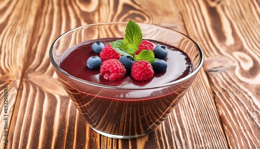 Blueberry dessert in the glass bowl close up, black forest cake with raspberries and mint on wooden background Blueberry dessert in the glass bowl close up, black forest cake with raspberries and mint on wooden background