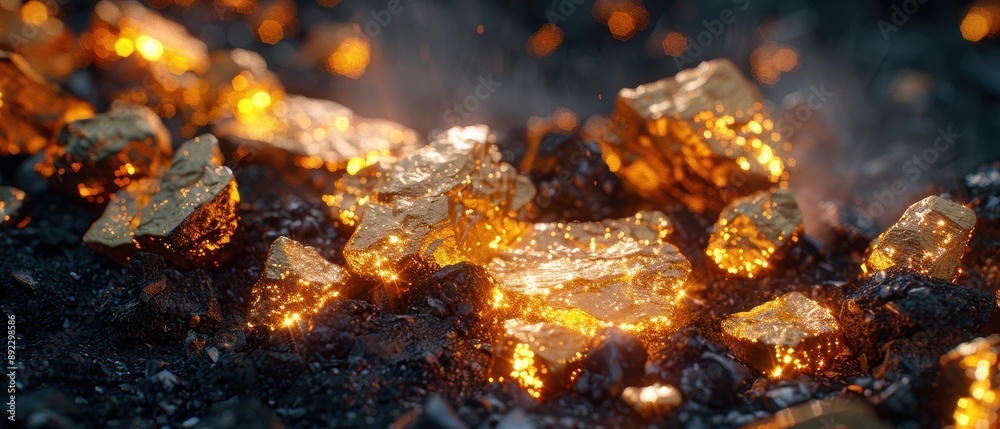 Gleaming Raw Gold Nuggets Close-up on Dark Background in Crisp , Showcasing Natural Luster and Sharp Details