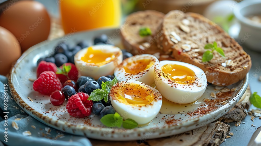 Nutritious breakfast with boiled eggs, whole wheat bread, fresh berries, and a glass of orange juice, bright and inviting morning scene Nutritious breakfast with boiled eggs, whole wheat bread, fresh berries, and a glass of orange juice, bright and inviting morning scene
