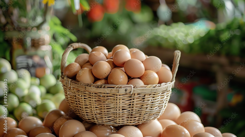Organic chicken eggs in a handwoven basket, fresh market scene, lush greenery and local products in the background, eco-friendly and wholesome Organic chicken eggs in a handwoven basket, fresh market scene, lush greenery and local products in the background, eco-friendly and wholesome