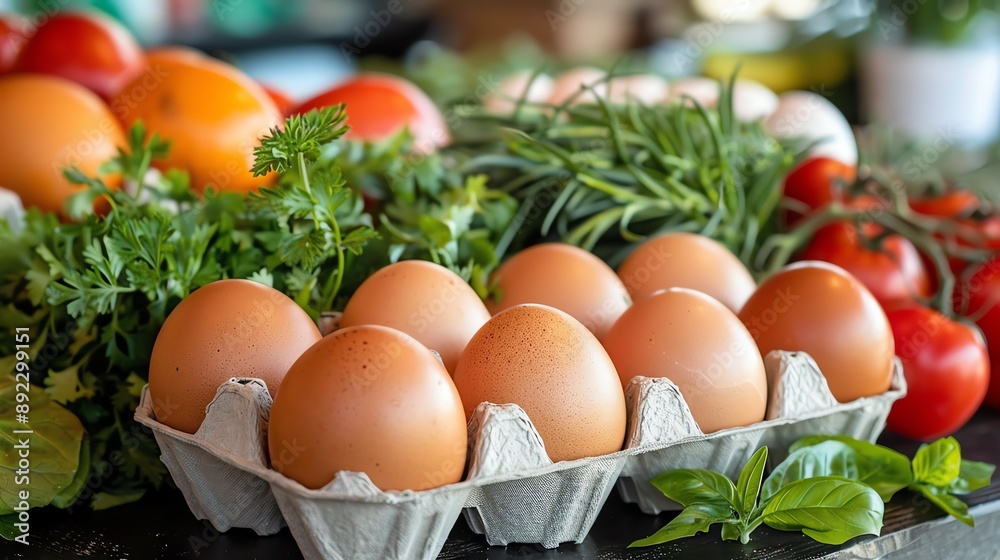 Organic eggs displayed alongside fresh herbs and vegetables at a market, appealing and healthy selection, vibrant and colorful setup Organic eggs displayed alongside fresh herbs and vegetables at a market, appealing and healthy selection, vibrant and colorful setup