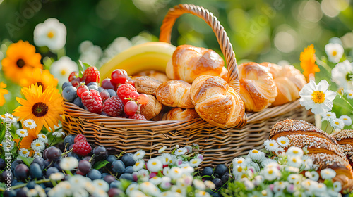 Fototapeta Naklejka Na Ścianę i Meble -  Wicker basket overflowing with freshly baked croissants and ripe berries in a flower filled meadow