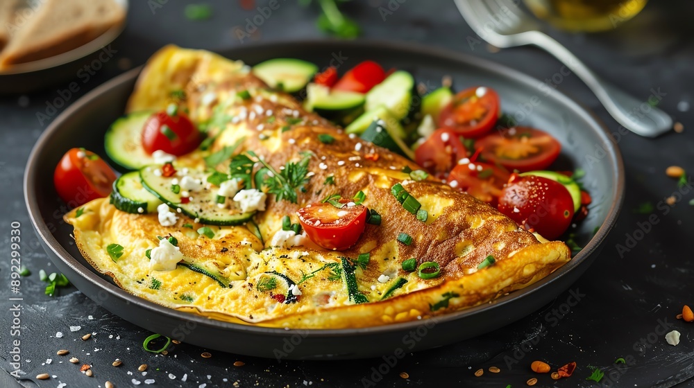 Vegetable-stuffed omelet with tomatoes, zucchini, and feta cheese, served with a slice of whole grain bread, vibrant and nutritious breakfast Vegetable-stuffed omelet with tomatoes, zucchini, and feta cheese, served with a slice of whole grain bread, vibrant and nutritious breakfast