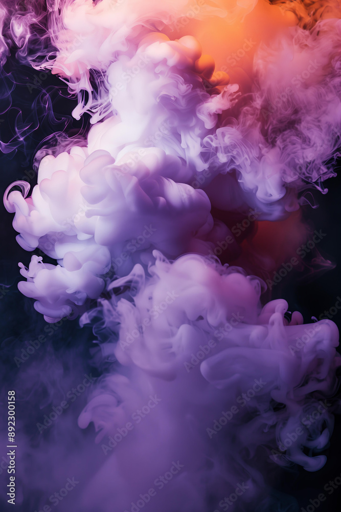Fototapeta premium Black background, white smoke and purple and orange colored clouds with copy space , fall, halloween backdrop
