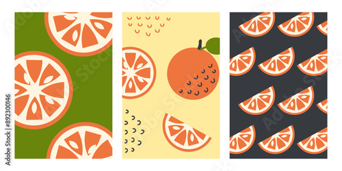 Vector vertical posters set with oranges in retro style. Perfect background template for banner, card, label, sale. Hand drawn illustration.