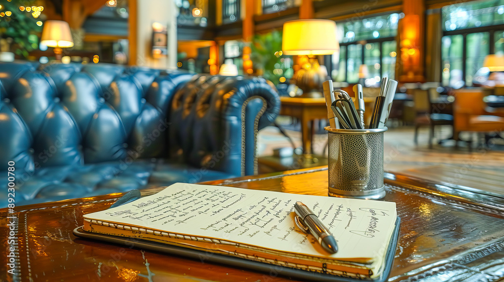Welcome note lying on desk with pen in hotel lobby Welcome note lying on desk with pen in hotel lobby