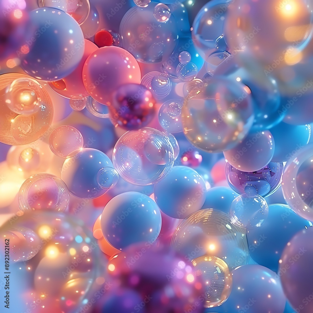 3D abstract background with a chaotic cluster of translucent spheres, reflecting light in different colors 3D abstract background with a chaotic cluster of translucent spheres, reflecting light in different colors