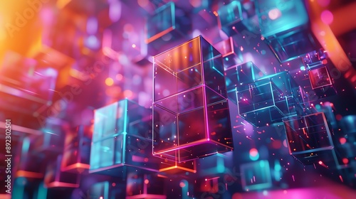 Futuristic 3D abstract background with neon geometric shapes, floating cubes, and vibrant colors, evoking a sense of technology and innovation