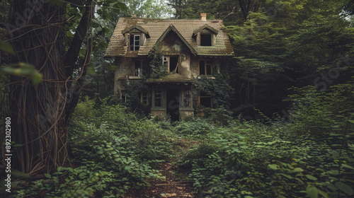 A creepy abandoned house in a forest with overgrown vegetation and a spooky vibe.