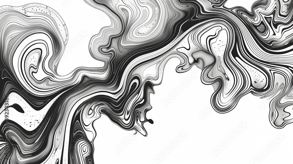 A black and white ink drawing with swirling lines. A black and white ink drawing with swirling lines.