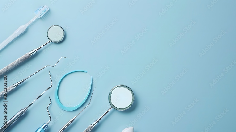 Tooth and dental instruments on blue background. Dental treatment. Dentist tools mirror, hook, tweezers, syringe. Copy space for text. 