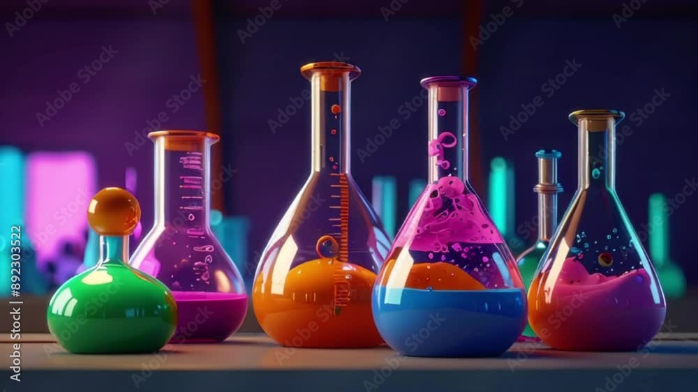 Surreal Lab: Vibrant digital art featuring laboratory glassware with colorful liquids. A large round-bottom flask with a pump holds swirling green and orange liquid. Other flasks and beakers add pink.