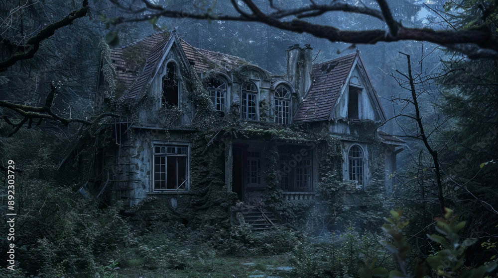 A creepy abandoned house in a forest with overgrown vegetation and a spooky vibe. A creepy abandoned house in a forest with overgrown vegetation and a spooky vibe.