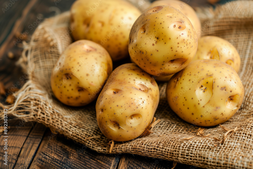 Farm grown white potatoes on the sackcloth and wooden surface Farm grown white potatoes on the sackcloth and wooden surface